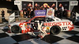 Connor Zilisch slips and falls off his car in victory lane after winning the NASCAR Xfinity Series Mission 200 at The Glen at Watkins Glen International in Watkins Glen, New York on August 09th.