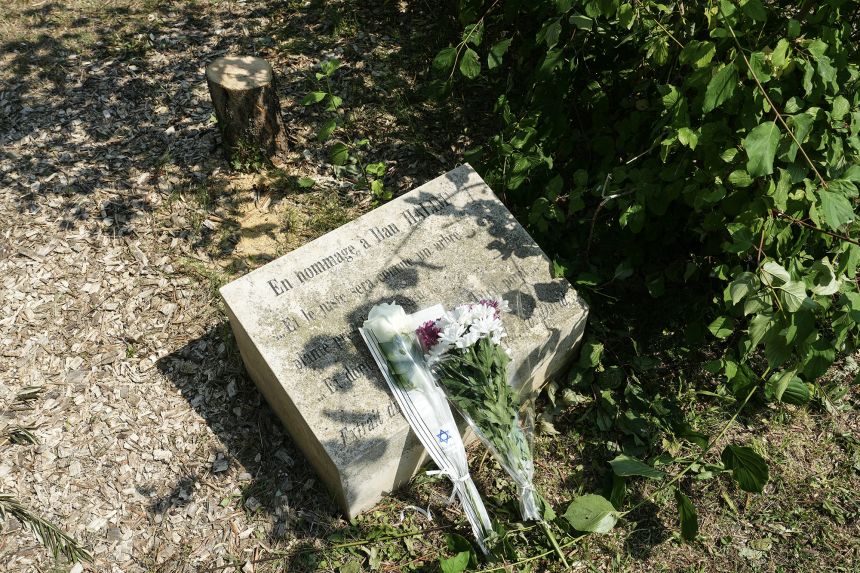 This photograph shows a memorial stele and the trunk of the olive tree, presumably cut down with a chainsaw.