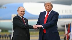 US President Donald Trump shakes hands with Russian President Vladimir Putin on the tarmac after they arrived at Joint Base Elmendorf-Richardson in Anchorage, Alaska, on August 15, 2025. Putin is in Alaska at the invitation of Trump in his first visit to a Western country since he ordered the 2022 invasion of Ukraine that has killed tens of thousands of people. (Photo by ANDREW CABALLERO-REYNOLDS / AFP) (Photo by ANDREW CABALLERO-REYNOLDS/AFP via Getty Images)          