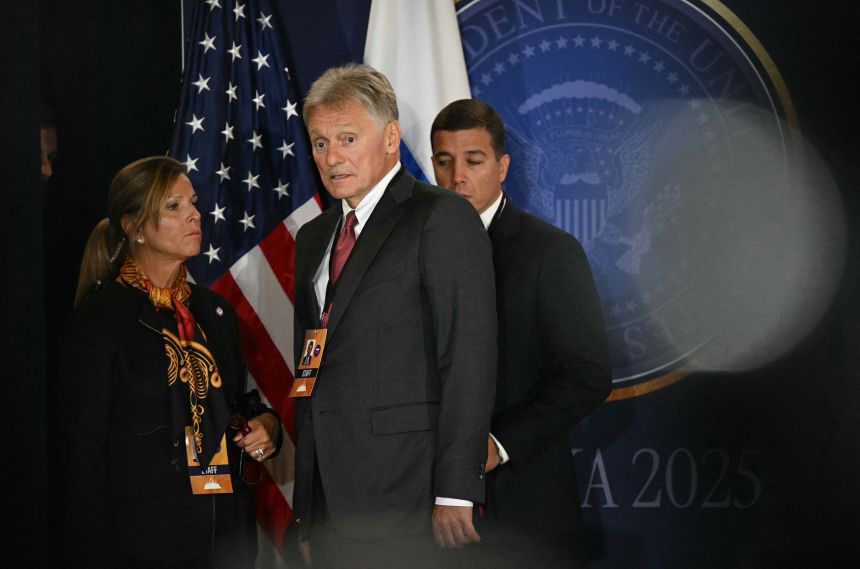 Kremlin spokesman Dmitry Peskov looks on as the US and Russian presidents meet during a summit at Joint Base Elmendorf-Richardson in Anchorage, Alaska, on August 15, 2025.