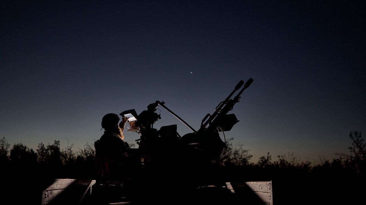 DONETSK REGION, UKRAINE - AUGUST 15: Soldiers of the 93rd Mechanized Brigade "Kholodnyi Yar" operate a twin-barreled 23mm ZU-23 anti-aircraft gun equipped with a thermal imaging camera, hunting for night-flying drones and Shahed loitering munitions, on August 15, 2025 in Donetsk Region, Ukraine.