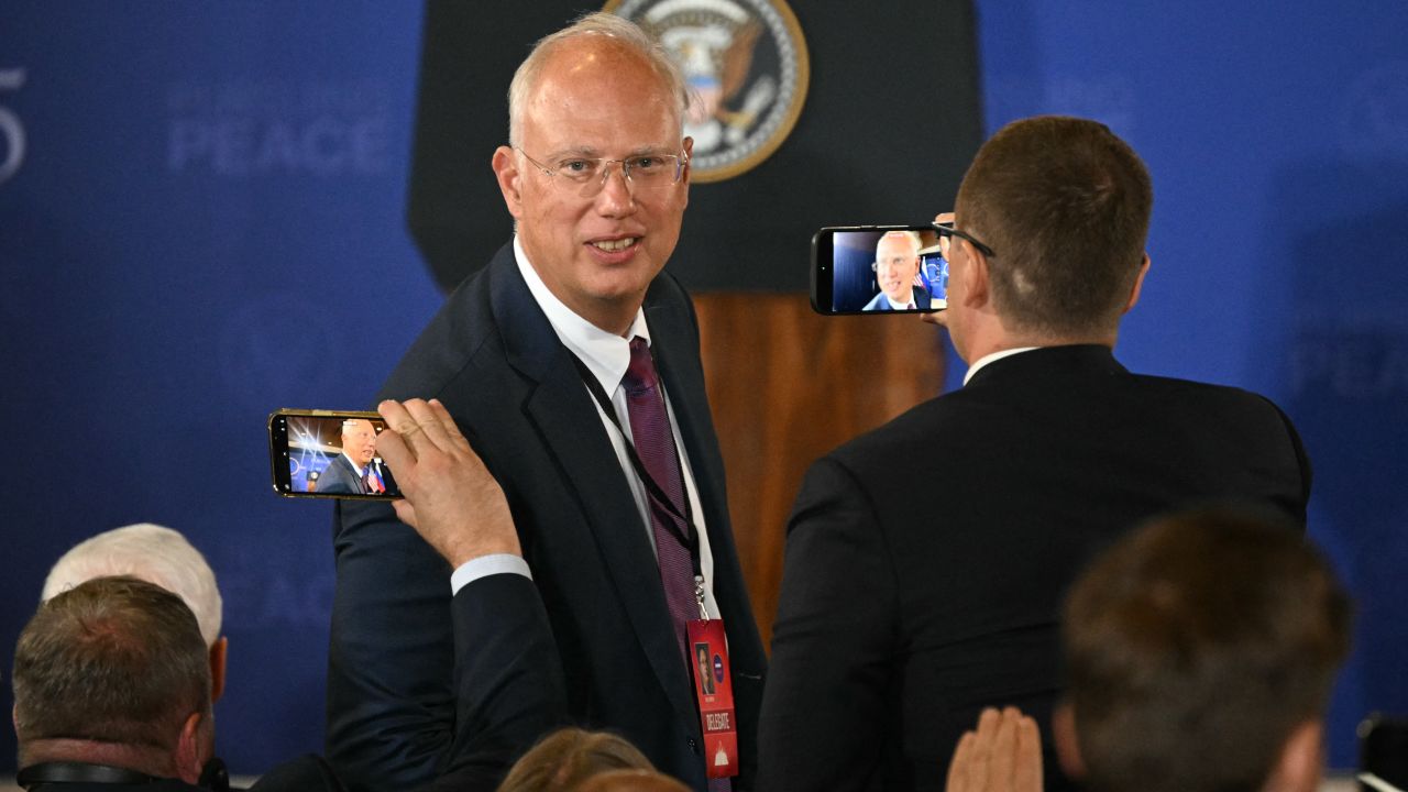 Special Presidential Representative for Investment and Economic Cooperation with Foreign Countries, CEO of the Russian Direct Investment Fund Kirill Dmitriev walks into the briefing room ahead of a press conference with the US and Russian presidents during a US-Russia summit on Ukraine at Joint Base Elmendorf-Richardson in Anchorage, Alaska, on Friday.