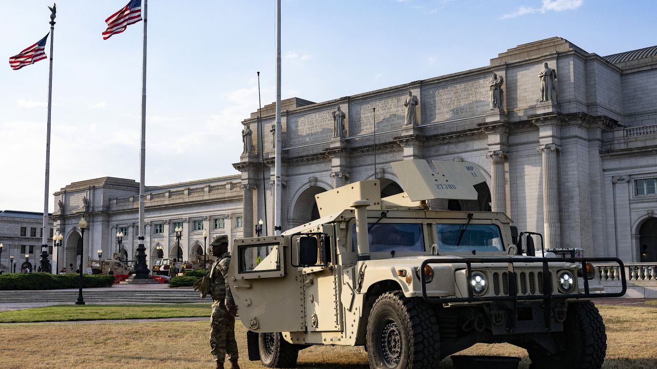 US National Guard members patrol Union Station in Washington DC on August 15.