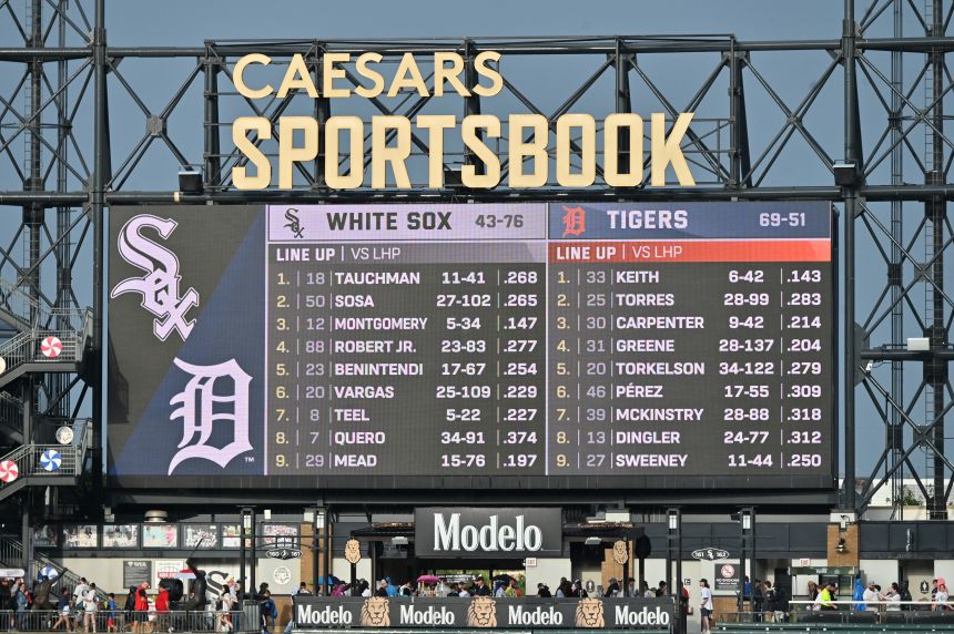 Caesars Sportsbook advertising is seen on the scoreboard at Rate Field, the home of the Chicago White Sox, on August 12.