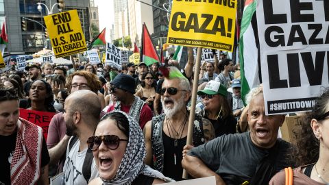 NEW YORK, NEW YORK - AUGUST 16: Pro-Palestinian protesters participate in a "March for Humanity" against the humanitarian crisis in Gaza on August 16, 2025 in New York City. A coalition of over 200 groups and organizations, including Palestinian diaspora groups, pro-Palestinian solidarity groups, labor unions, anti-war groups, and faith groups organized the march.(Photo by Stephanie Keith/Getty Images)