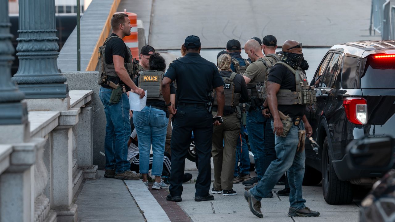 ICE and other federal agents take a delivery driver into custody at Union Station on August 16, 2025 in Washington, DC. U.S. President Donald Trump announced plans to deploy federal officers and the National Guard to the District in order to place the DC Metropolitan Police Department under federal control and assist in crime prevention in the nation's capital.