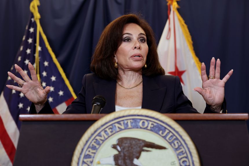 Jeanine Pirro holds a press conference at the Patrick Henry Building in Washington, DC, on August 12.