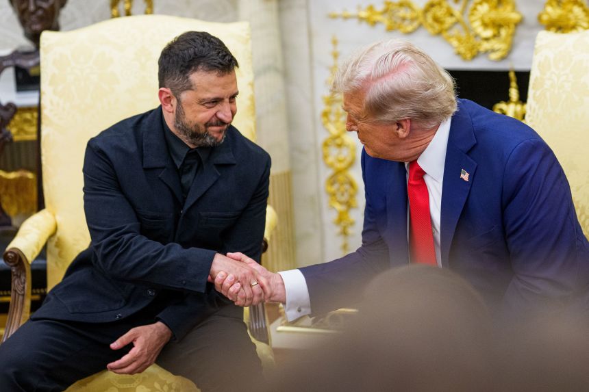 President Zelensky shakes hands with President Trump during their meeting in the Oval Office on Monday.