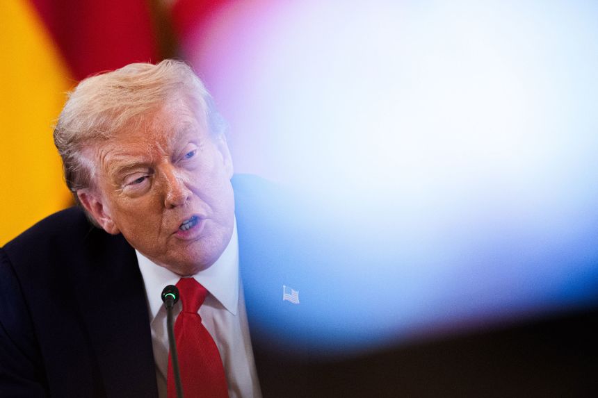 US President Donald Trump speaks during a multilateral meeting with European leaders in the East Room of the White House on Monday.