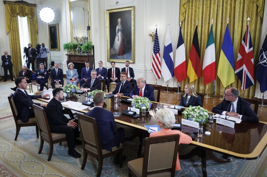President Donald Trump speaks during a meeting with European leaders at the White House in Washington on August 18, 2025.