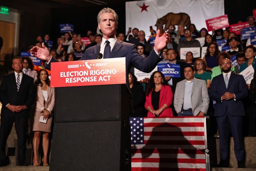 California Gov. Gavin Newsom speaks about the “Election Rigging Response Act” at a press conference at the Japanese American National Museum in Los Angeles, California, on August 14, 2025.
