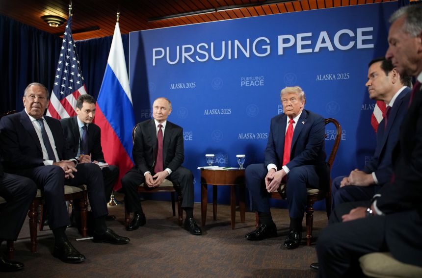  U.S. President Donald Trump and Russian President Vladimir Putin hold a meeting at Joint Base Elmendorf-Richardson on August 15, 2025 in Anchorage, Alaska. The two leaders are meeting for peace talks aimed at ending the war in Ukraine. Russian Minister of Foreign Affairs Sergey Lavrov (L) and U.S. Secretary of State Marco Rubio also joined the meeting.