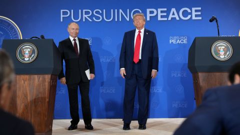 ANCHORAGE, ALASKA - AUGUST 15: U.S. President Donald Trump (R) and Russian President Vladimir Putin leave following a press conference at Joint Base Elmendorf-Richardson on August 15, 2025 in Anchorage, Alaska. The two leaders are meeting for peace talks aimed at ending the war in Ukraine. (Photo by Andrew Harnik/Getty Images)