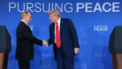 ANCHORAGE, ALASKA - AUGUST 15: U.S. President Donald Trump (R) and Russian President Vladimir Putin shake hands at the end of a press conference at Joint Base Elmendorf-Richardson on August 15, 2025 in Anchorage, Alaska. The two leaders are meeting for peace talks aimed at ending the war in Ukraine. (Photo by Andrew Harnik/Getty Images)