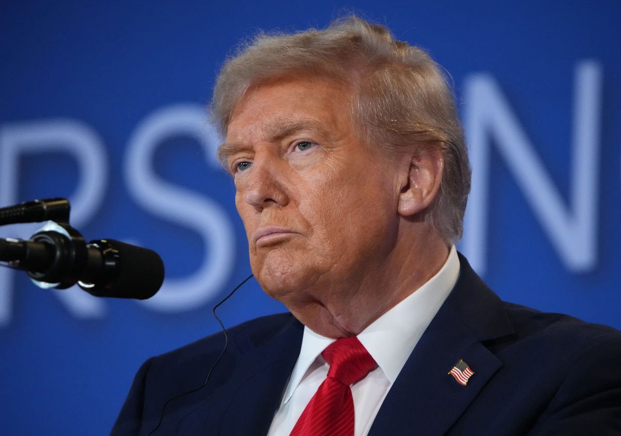 President Donald Trump delivers a statement during a press conference with Russian President Vladimir Putin at Joint Base Elmendorf-Richardson on Friday in Anchorage, Alaska.