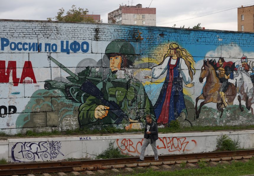 Graffiti depicting a serviceman and his tank on a building in Krasnogorsk, Russia, pictured on August 20, 2024.