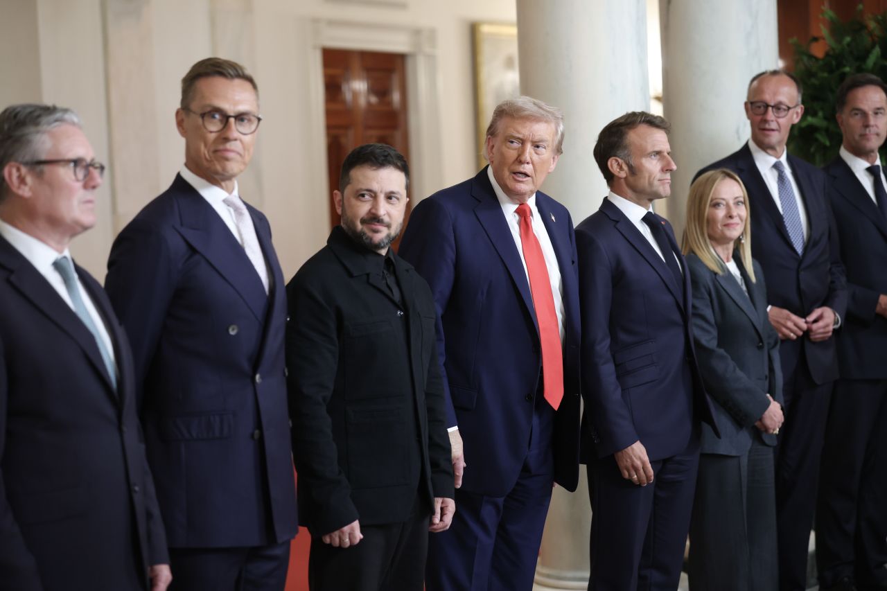 President Donald Trump and Ukrainian President Volodymyr Zelensky pose for a picture with European leaders following a meeting at the White House on Monday in Washington, DC.