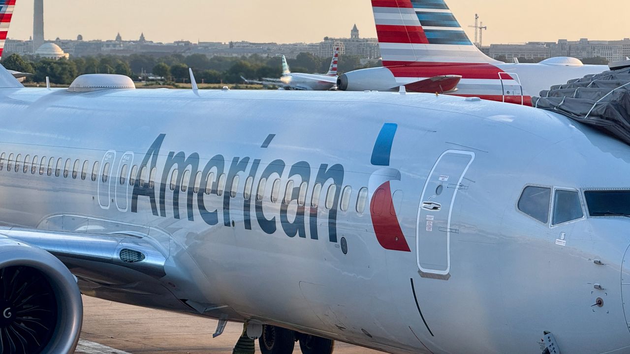 An American Airlines passenger plane is parked at a gate at Ronald Reagan Washington National Airport, in Arlington, Virginia on August 24.