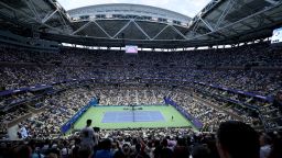 A general view shows Arthur Ashe Stadium during the men's singles first round match between Novak Djokovic and Learner Tien.