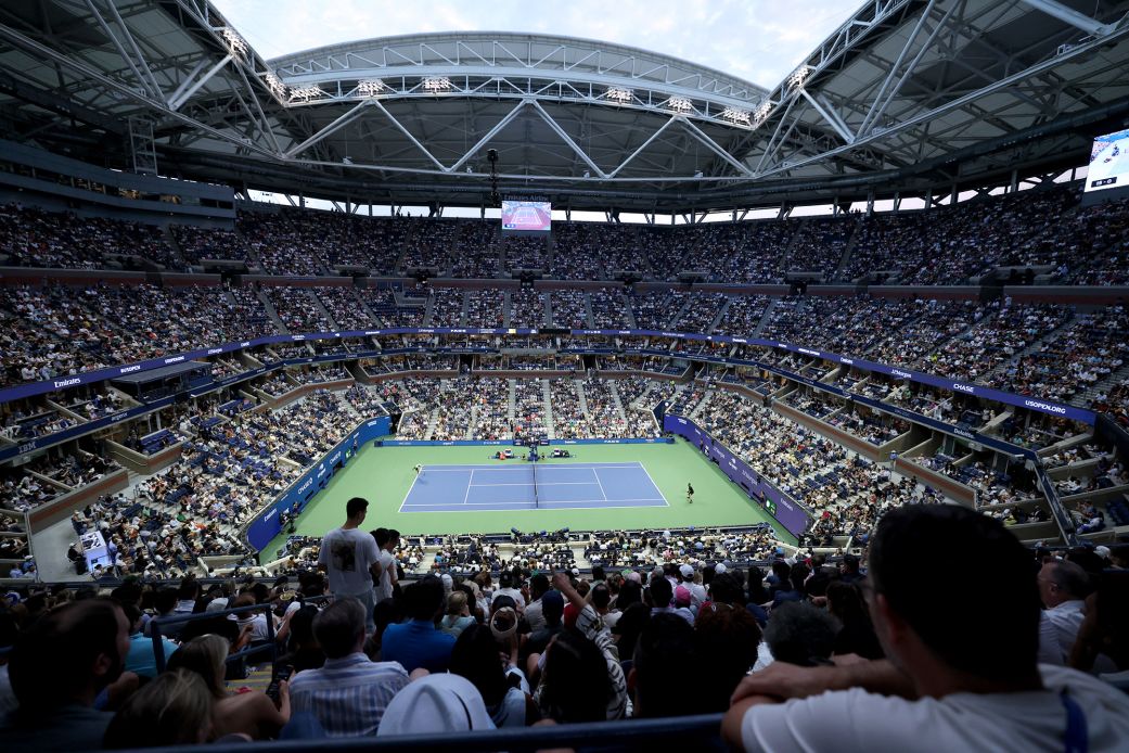 A general view shows Arthur Ashe Stadium during the men's singles first round match between Novak Djokovic and Learner Tien.