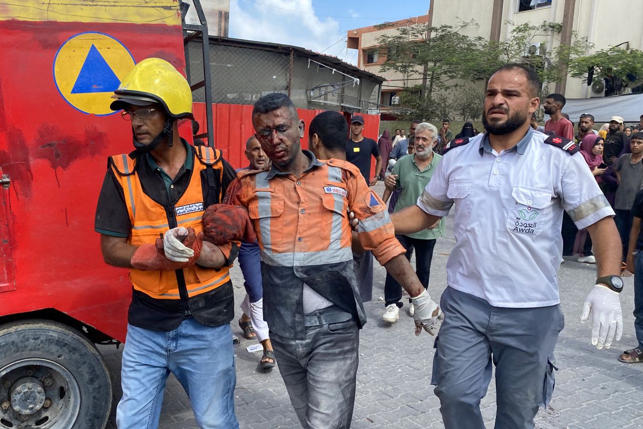 Medic will assist an injured man at Nasser Hospital in Karn Eunice in Gaza after Israel attacked on Monday.