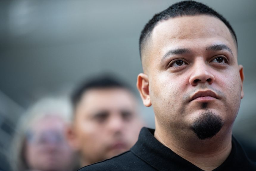 Kilmar Abrego Garcia, a Maryland man who was deported to El Salvador earlier this year, arrives for a check-in at the Immigration and Customs Enforcement (ICE) field office in Baltimore, Maryland, US, on Monday, August 25, 2025.