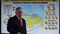 Venezuela's Minister of Interior Relations, Justice, and Peace, Diosdado Cabello, speaks during a press conference in Caracas on August 25, 2025. Venezuela announced on August 25, 2025, the deployment of 15,000 security personnel to the border with Colombia for anti-narcotics operations, at a time when the United States is accusing President Nicolás Maduro of leading a drug cartel. (Photo by Juan BARRETO / AFP) (Photo by JUAN BARRETO/AFP via Getty Images)          
