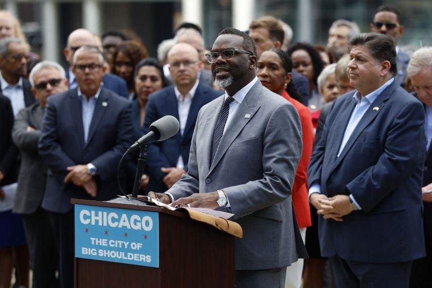 Chicago Mayor Brandon Johnson speaks August 25 during a news conference in Chicago.