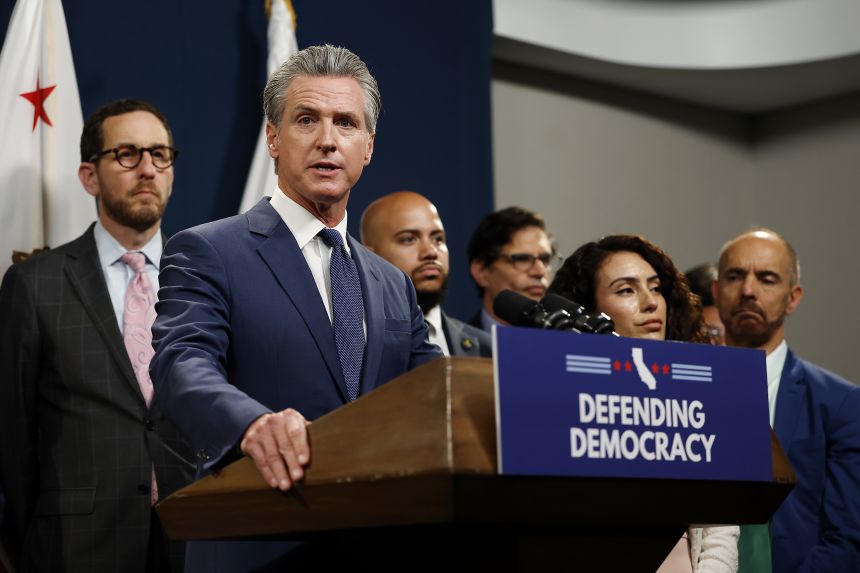 California Gov. Gavin Newsom holds a bill-signing event related to redrawing the state’s congressional maps on August 21 in Sacramento, California.