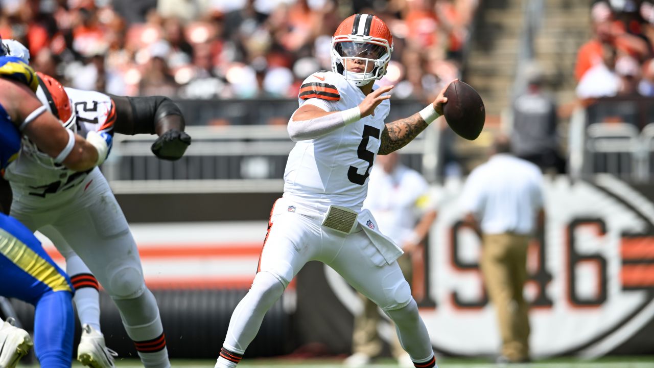 Dillon Gabriel #5 of the Cleveland Browns throws a pass during the second quarter of an NFL Preseason 2025 game against the Los Angeles Rams at Huntington Bank Field on August 23, 2025 in Cleveland, Ohio.