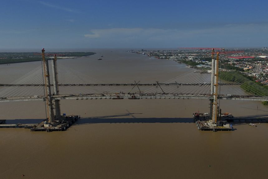 This aviation view shows the new Demerara River Bridge under construction in Georgetown on August 26th.