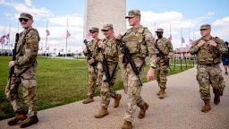 The Washington Monument is visible as armed members of the National Guard patrol the National Mall on August 27, 2025 in Washington, DC.