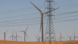 Power transmission lines and wind turbines in Rio Vista, California, on August 28.