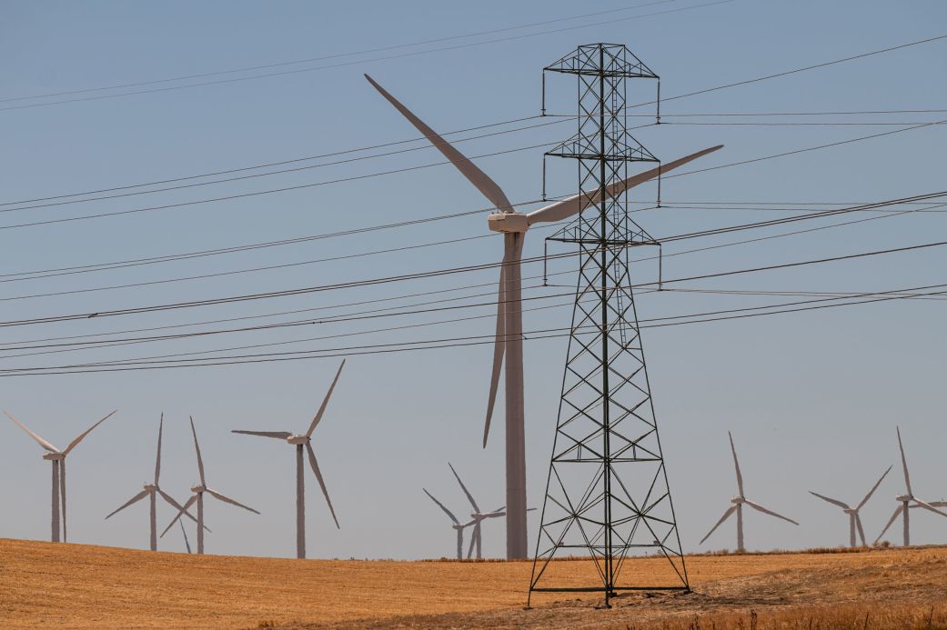 Power transmission lines and wind turbines in Rio Vista, California, on August 28.