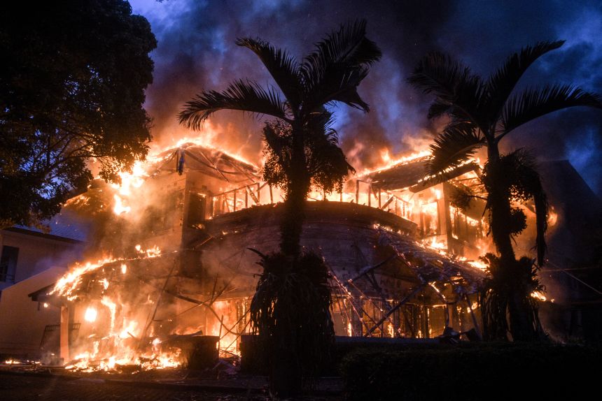 The People's Consultative Assembly of the Republic of Indonesia (MPR-RI) official guesthouse burns after being set on fire during a protest in Bandung, West Java, on August 29, 2025.