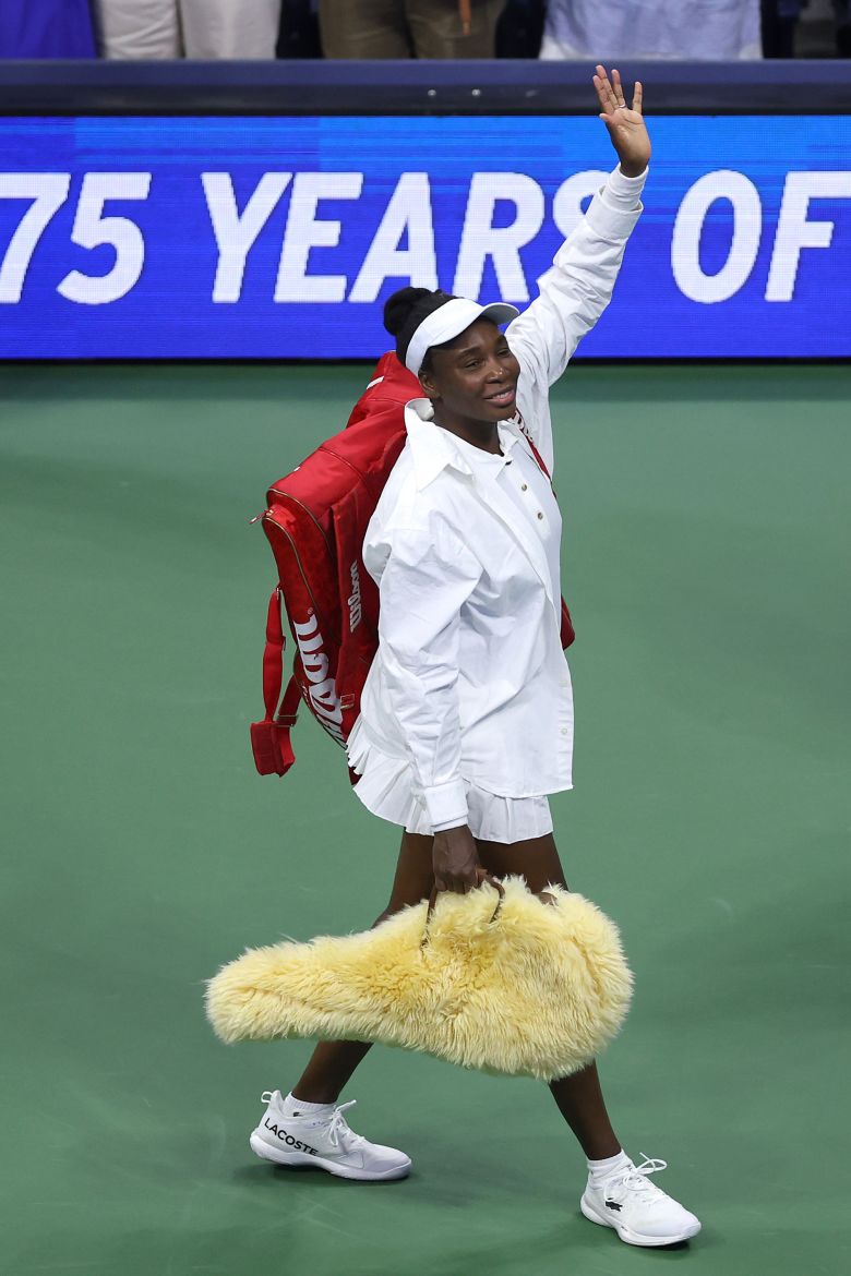 Venus Williams wore a custom look by ERL, complete with fuzzy racket case.
