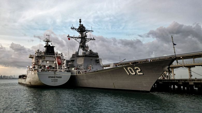 TOPSHOT - The US Navy warship USS Sampson (DDG 102) docks at the Amador International Cruise Terminal in Panama City on August 30, 2025. The United States sent three warships to the region amid escalating tensions with Venezuela, which deployed warships and drones to patrol the country's coastline on August 26, 2025. On the night of August 29, another US missile destroyer, the USS Lake Erie, entered the Panama Canal from the Pacific Ocean heading for the Caribbean. (Photo by Martin BERNETTI / AFP) (Photo by MARTIN BERNETTI/AFP via Getty Images)          