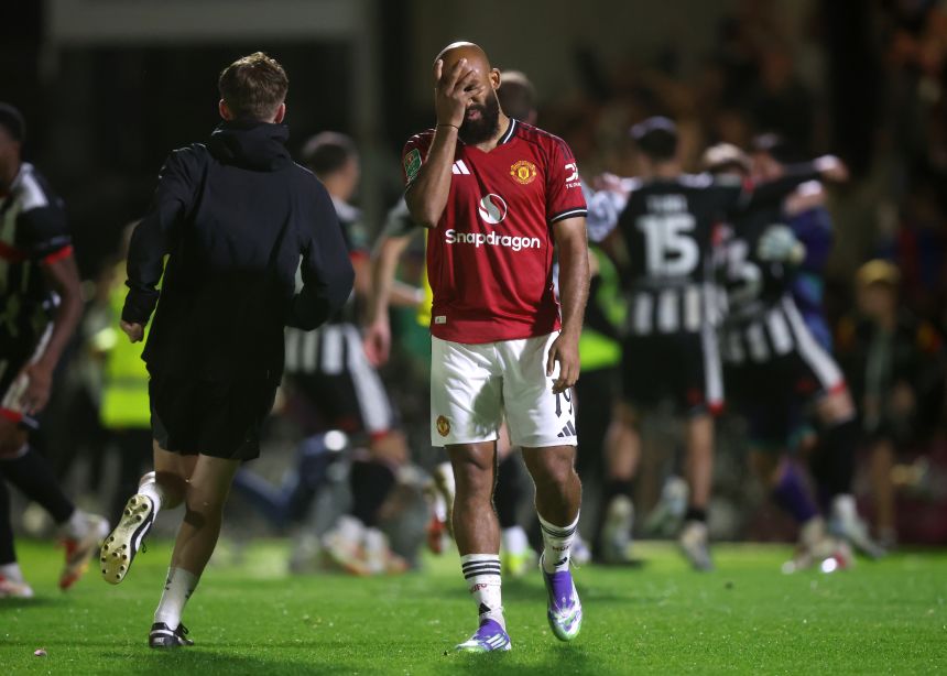 Bryan Mbeumo reacts after missing a penalty in Manchester United's stunning loss to Grimsby Town.