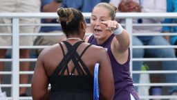 NEW YORK, NEW YORK - AUGUST 27: Jelena Ostapenko of Latvia (R) argues with Taylor Townsend of the United States (L) following their Women's Singles Second Round match on Day Four of the 2025 US Open at USTA Billie Jean King National Tennis Center on August 27, 2025 in the Flushing neighborhood of the Queens borough of New York City. (Photo by Clive Brunskill/Getty Images)