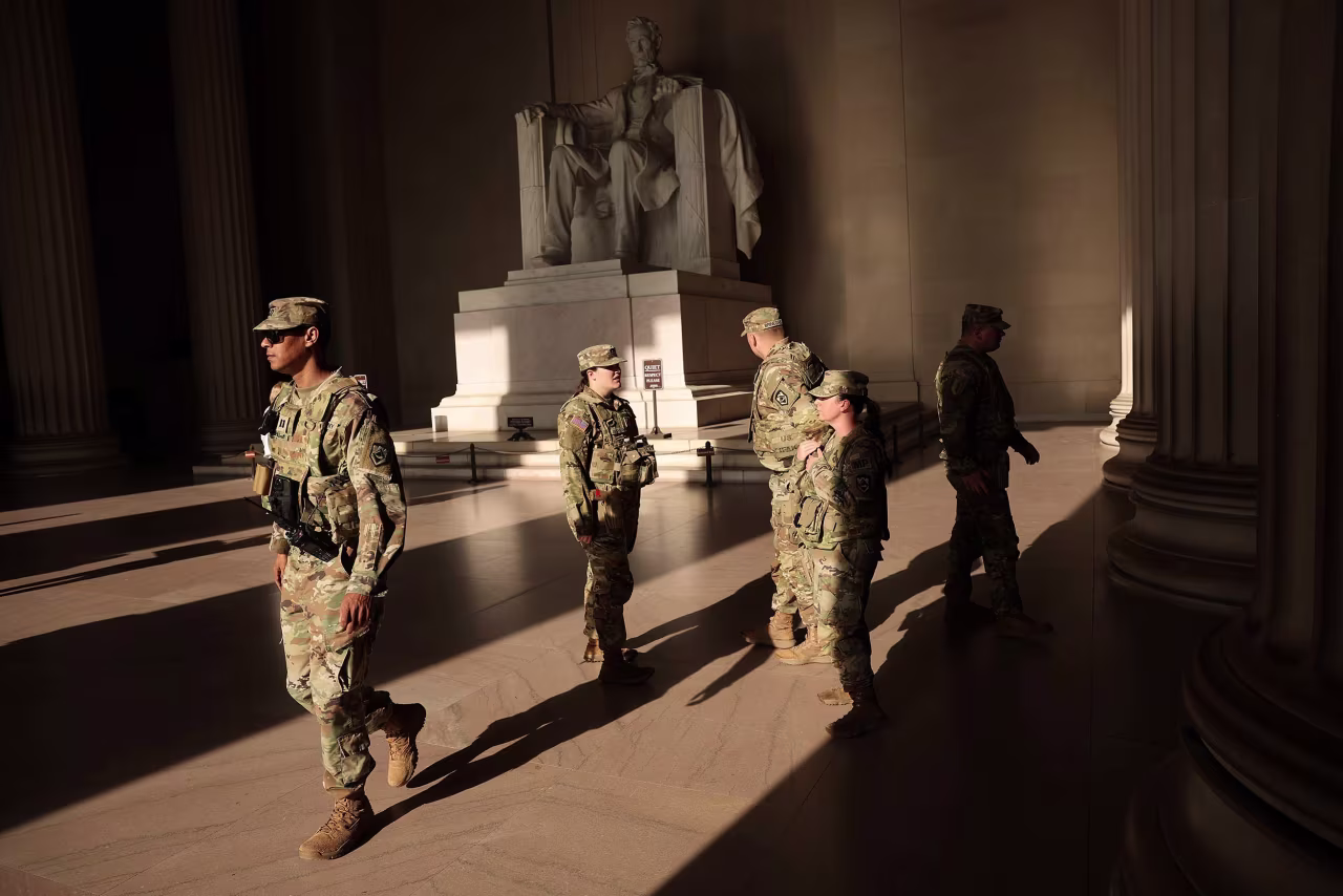Members of the National Guard patrol inside the Lincoln Memorial in Washington, DC, on August 28.