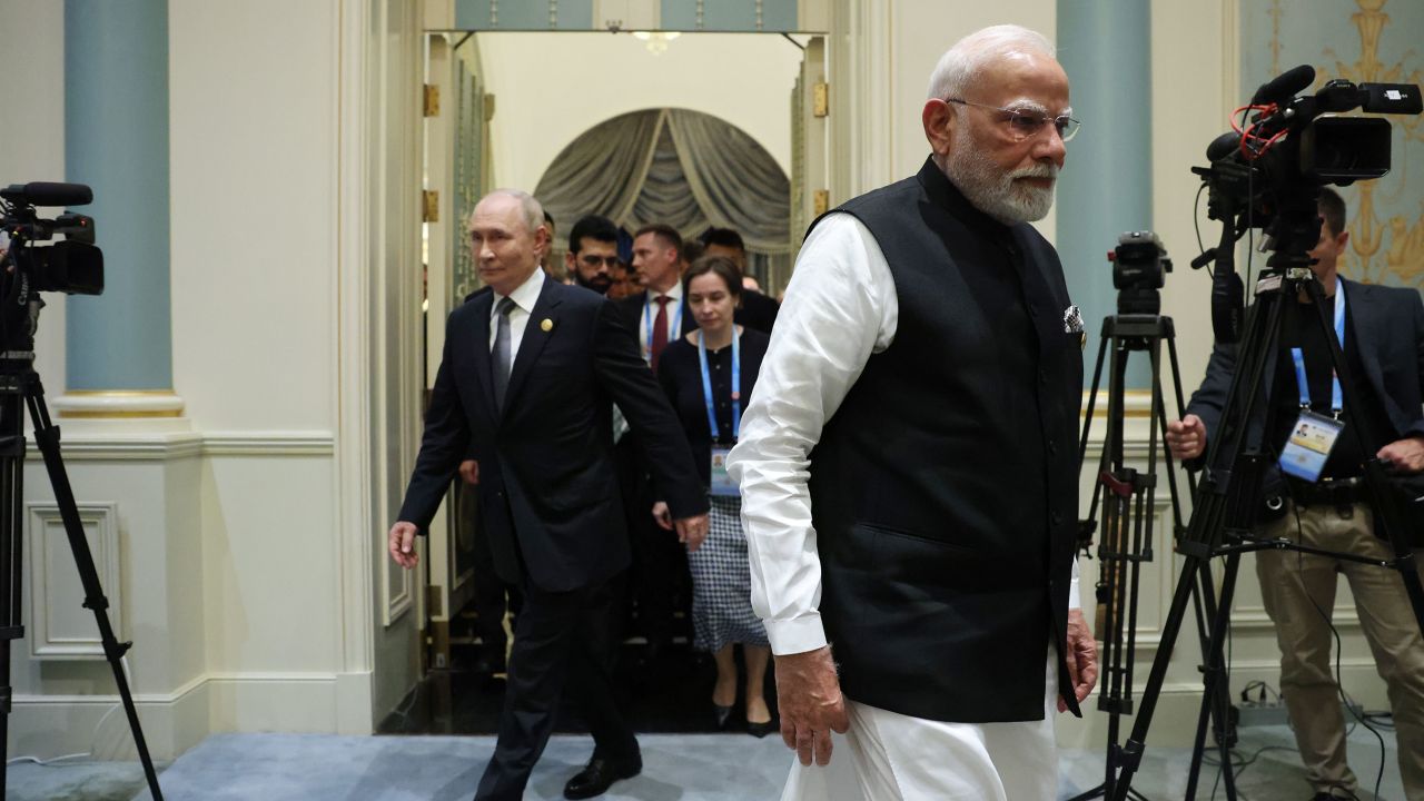 TIANJIN, CHINA - SEPTEMBER 1 (RUSSIA OUT) Russian President Vladimir Putin (L) and Indian Prime Minister Narendra Modi (R)enter the hall while their bilateral meeting during the 2025 Shanghai Cooperation Organization Summit, September 1, 2025, in Tianjin, China. The 2025 Shanghai Cooperation Organization Summit brings together the leaders of India, Russia and China for the first time in seven years. (Photo by Contributor/Getty Images)