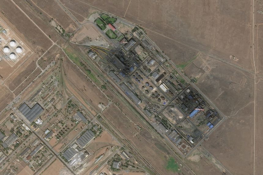 The Lukoils Volgorad refinery complex, Russia, following a Ukrainian drone strike. Kyiv has been targeting Russian energy to some success.