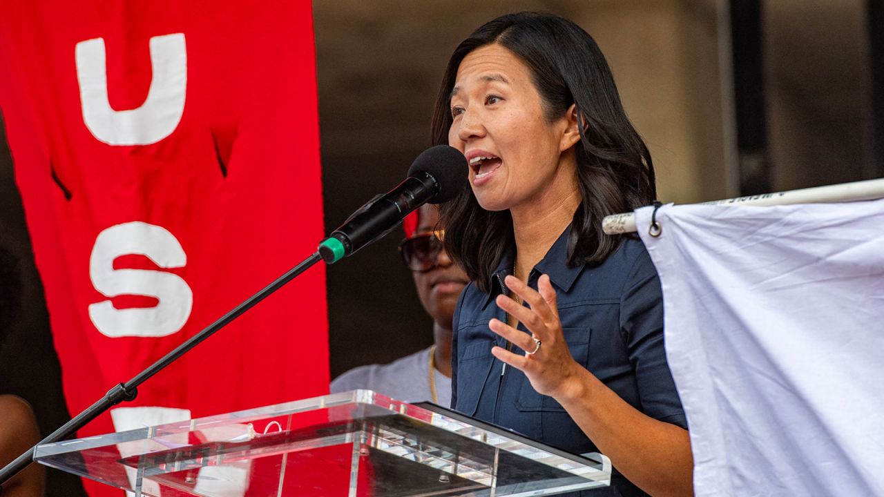 Boston Mayor Michelle Wu addresses the crowd during a Labor Day "Workers over billionaires" rally at Government Center in Boston, Massachusetts, on September 1, 2025.