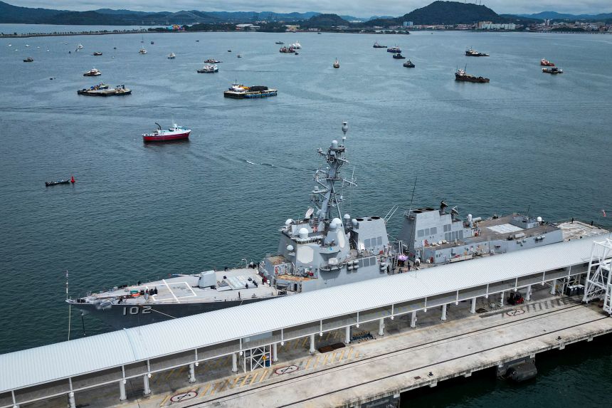 The US Navy warship USS Sampson docks at the Amador International Cruise Terminal in Panama City on September 2, part of an enhanced US military presence around Venezuela.