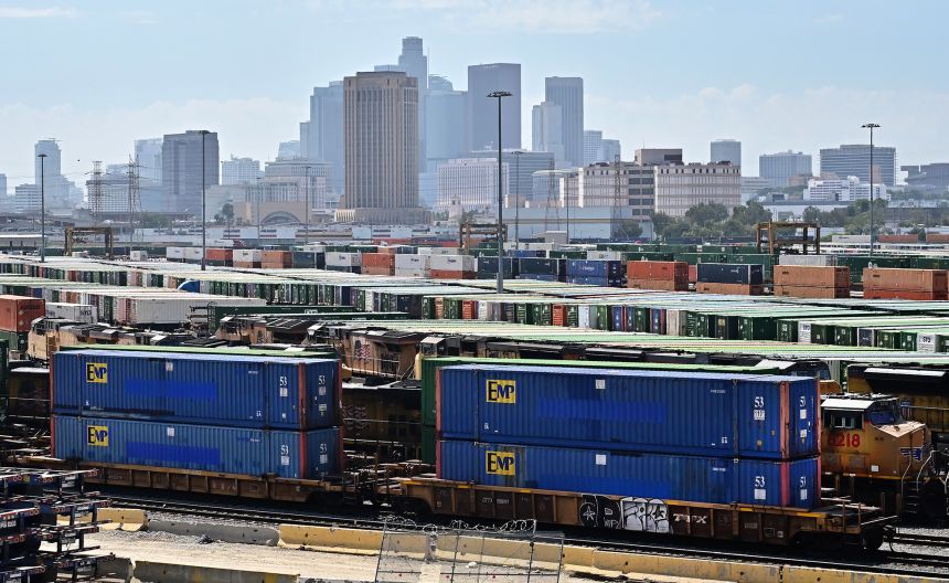 Shipping containers are seen at the rail yard at the LATC-Union Pacific Los Angeles Transportation Center.