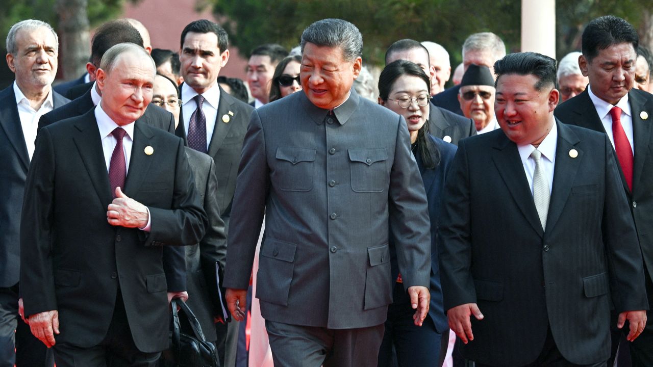 Russia's President Vladimir Putin (left) walks with China's President Xi Jinping (center) and North Korea's leader Kim Jong Un (right) before Beijing's military parade on Wednesday.