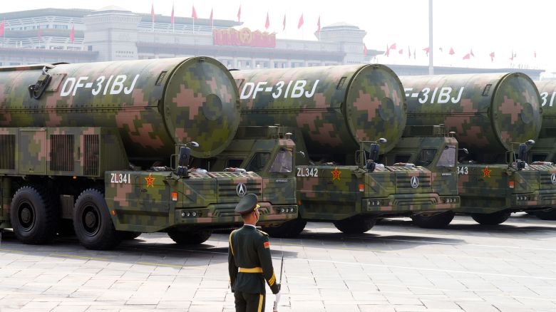 People's Liberation Army (PLA) DF-31BJ intercontinental ballistic missiles (ICBM) on Chang'an Avenue at Tiananmen Square during a military parade to mark 80 years since Japan's defeat in World War II held in Beijing, China, on Wednesday, Sept. 3, 2025. The once-a-decade parade is part of the Communist Party's broader effort to fan nationalistic sentiment and showcase China's growing diplomatic sway and military might.