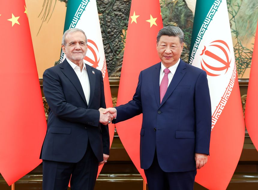 Chinese President Xi Jinping meets with Iranian President Masoud Pezeshkian at the Great Hall of the People in Beijing, China, in September.