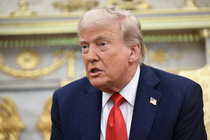 President Donald Trump speaks a he meets with Polish President Karol Nawrocki in the Oval Office at the White House in Washington, DC on September 3, 2025.