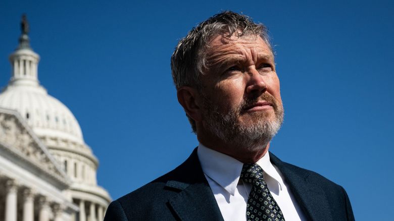 Rep. Thomas Massie stands outside the US Capitol Wednesday prior a news conference with Jeffrey Epstein abuse survivors.